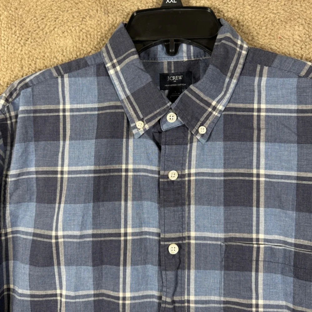 J. Crew Button‎ Down Shirt Mens Large Blue Plaid Heathered Cotton Long Sleeve